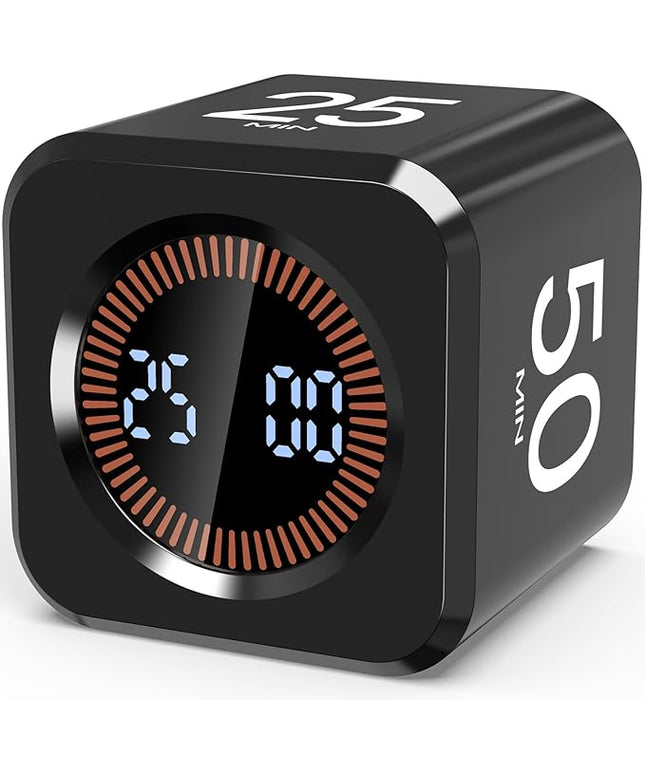 Digital Pomodoro Timer Cube 5/10/25/50min, Visual Productivity Flip Timer for Kids Classroom Desk, Custom Countdown, Silent and Sound Mode for ADHD Study Work Game Kitche(Black)