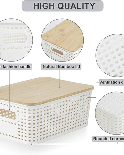 Small Plastic Storage Bins with Bamboo Lids 5.2qt Stackable Box Basket Pantry Decorative Containers Cute with Lable for Organizing Desktop Closet Office Cream White of 6 packs 10*7.2*4.1'’