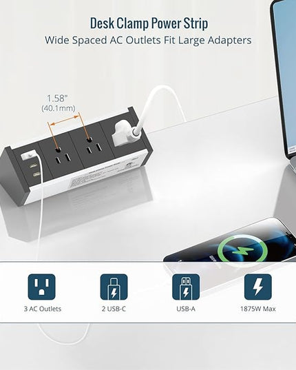 Tecmojo Desk Clamp Power Strip 3 Outlet with 1 USB A and 2 USB C Ports, 6 ft Cord, Desk Outlet Station Fit 1.6" Tabletop Edge,ETL Listed,Black