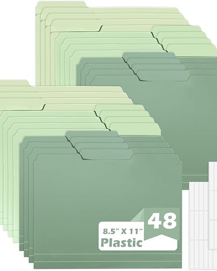 48 Pack Colored File Folders Plastic Green File Folders Letter Size 1/3 Cut Tabs File Folder with Sticky Labels Manila File Folders 8.5 X 11 for Documents Office School Organizer(8 Per Color)