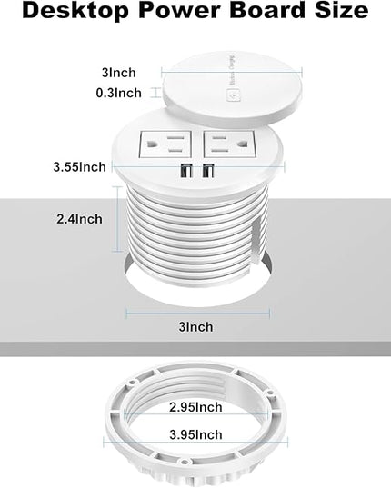 3 Inch Desk Hole Recessed Power Grommet with 15W Wireless Charger Cover, 2 USB-A Countertop Grommet Mount Power Outlet, with AC Outlets and 6ft Extension Cord