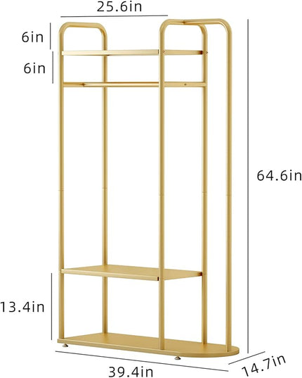 MAIKAILUN Gold Clothing Rack, 39“L Modern Industrial Clothes Rack for hanging Clothes with Top Rod and 3-Tier Shelves, Multi-functional Heavy Duty Garment Rack Cloest Organizer Coat Rack for Boutique