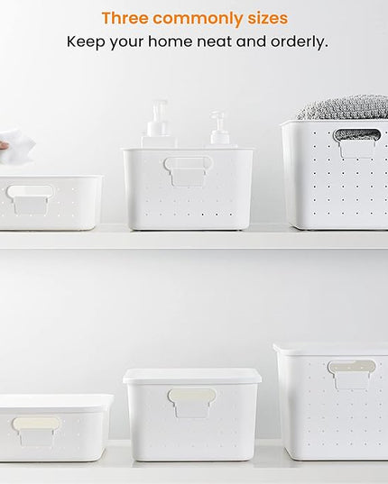 vacane 3 Pack Decorative Storage Bins with Lids, White Plastic Storage Basket for Organizing Stackable Storage Box with Handle on Closets,Classrooms,Offices