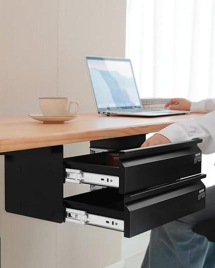 VEVOR Under Desk 2 Layer Slide Out Drawer, 16 inch Under Desk Pull-out Drawer for Home Office Sit Stand Workstation, Black