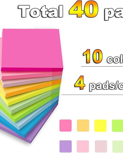 (40 Pads) Sticky Notes 3x3 in,Bright Colors Notepads,Colorful Stickies,Super Sticking Power,Memo Note Pads,Post on Windows Doors,Office,School,Strong Adhesive,Recyclable,Easy to Write on,Hold Well