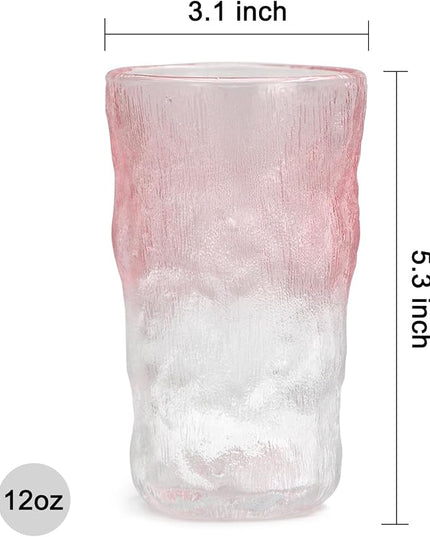 TOSSOW Drinking Glasses, Glassware Sets of 2, Mixed Drinking Glacier Pattern 12 oz Glass Cups Decoration for Wine, Beer, Juice,milk, coffee, Mojito and Cocktail(Pink)