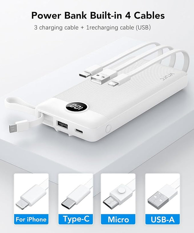 VRURC Portable Charger Power Bank, 10000mAh Travel Essentials Battery Pack, 5 Outputs 2 Inputs Slim Charing Bank Built-in Cables Cords Wires Compatible with iPhone,Samsung,Android-White(1 Pack)