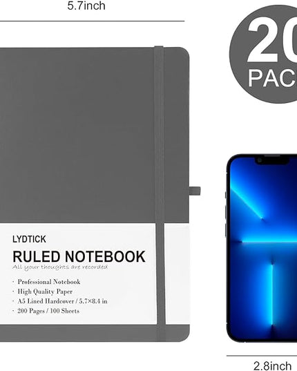20 Pack Journals for Writing College Ruled Notebooks Journal in Bulk, Hardcover Notebooks (200Pages) for Note Talking, Lined Bullet Journals for Home School Office, 5.7"x8.4", Grey