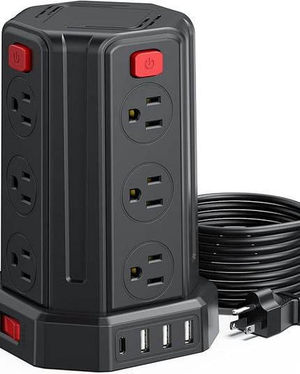 Power Strip Surge Protector, 10 Ft Extension Cord with 12 AC Multiple Outlets 4 USB (1 USB C), SMALLRT Power Tower Desktop Charging Station (Black, 10 FT)