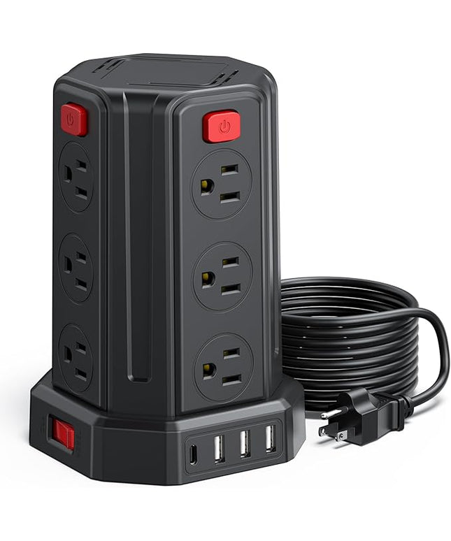 Power Strip Surge Protector, 10 Ft Extension Cord with 12 AC Multiple Outlets 4 USB (1 USB C), SMALLRT Power Tower Desktop Charging Station (Black, 10 FT)
