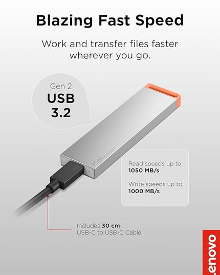 Lenovo PS8S 512GB Portable SSD, Up to 1050MB/s Read, 1000MB/s Write, USB 3.2 USB-C, Slim Lightweight (40g) Aluminum Body, Reliable Storage for PC/Mac & Android