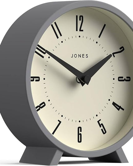 JONES CLOCKS® Venus Desk Clock | Modern Round Design | Gray | Stylish Retro Look for Shelf, Table, Mantel or Bedside