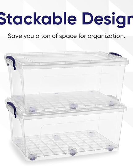 Superio Storage Bins with Lids- Clear Boxes for Organizing, Stackable Plastic Containers- BPA Free, Non-Toxic, Odor Free, Organizer for Home, Office, Dorm (6 Pack, 32 Qt (Wheeled))