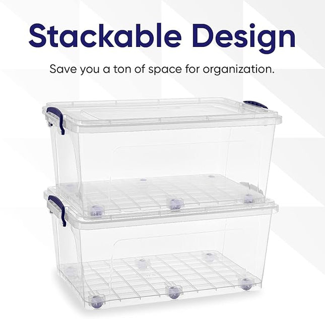 Superio Storage Bins with Lids- Clear Boxes for Organizing, Stackable Plastic Containers- BPA Free, Non-Toxic, Odor Free, Organizer for Home, Office, Dorm (6 Pack, 32 Qt (Wheeled))