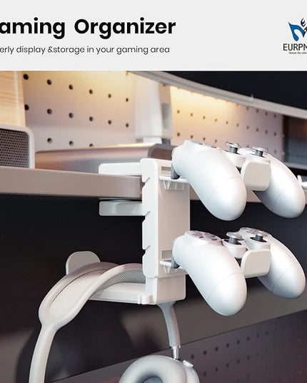 3-in-1 PC Gaming Headset&Controller Holder - EURPMASK Headphone Stand w/Adjustable Clamp&2 Controller Holder&Rotating Arm&Cable Organizer, Universal PC Gaming Accessory Controller Headset Stand-White