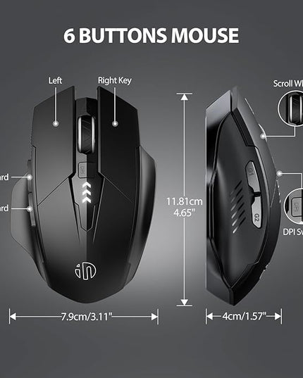 INPHIC Wireless Mouse Rechargeable, Battery Visible, 2400 DPI, 6 Buttons, Ergonomic Large Mouse for Laptop, Computer, Mac, PC etc.
