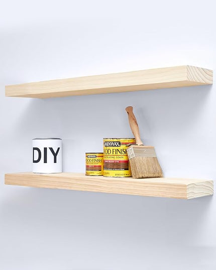 Homeforia 30 inch Wood Floating Shelves, High End Solid Natural Wood 30inch Floating Shelf for Wall, Unfinished Wooden 30 inches Floating Shelves, Heavy Duty Bracket, 30 X 6.5 X 1.75 in, Set of 2