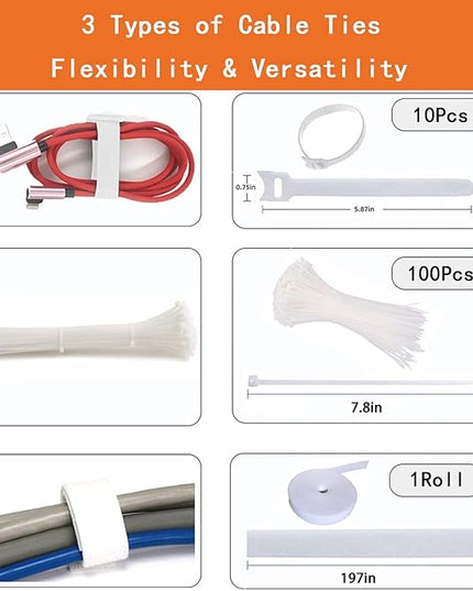 319pcs Cable Management Organizer Kit, Desk Cord Organizer, 98 Adhesive Cable Clips Holder, 17 Reusable Cable Strap, 4 Cable Sleeve Split, and 200 Nylon Cable Zip Ties (White)