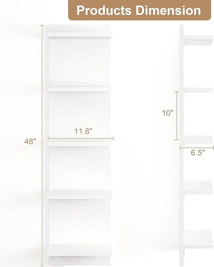 Fun Memories 5-Tier Wall Shelf Unit, 48" Tall Floating Storage Organizer for Bedroom, Living Room, and Home Decor, White Vertical Shelving Unit