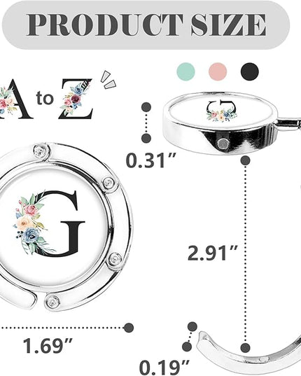Iqimott 3pcs Personalized Initial Foldable Purse Hook for Table, Flower Letter Folding Handbag Hanger Portable Magnet Table Hook Holder, Collection Desk Purse Hooks for Women Bag (Black-G)