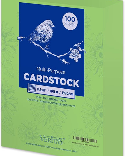 Veritas Green Colored Cardstock, 8.5" x 11" Colored Copy paper, 110LB/199GSM Printer Paper, 100 Sheets (1 Reams), Colored Multi-Purpose Paper, Made in USA