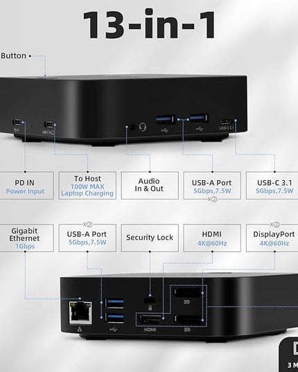 RVP+ Docking Station 3 Monitors USB C, 13-in-1, Triple Display-4K HDMI & DisplayPort Dual Monitors, 5Gbps USB-C/A Data Transfer, 100W Laptop-Charging, Gigabit Ethernet, Audio, Black