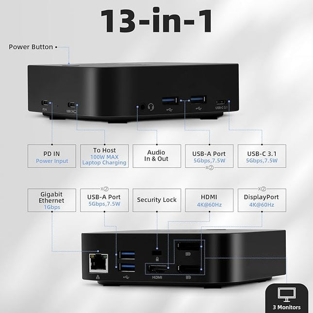 RVP+ Docking Station 3 Monitors USB C, 13-in-1, Triple Display-4K HDMI & DisplayPort Dual Monitors, 5Gbps USB-C/A Data Transfer, 100W Laptop-Charging, Gigabit Ethernet, Audio, Black