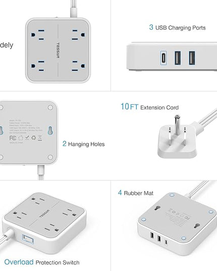 Flat Extension Cord 10 ft, TESSAN Ultra Thin Power Strip Under Carpet with 3 USB Wall Charger(1 USB C Port), 4 Outlets Slim Desk Charging Station Compact for Cruise Ship, Dorm Room Essentials Gray