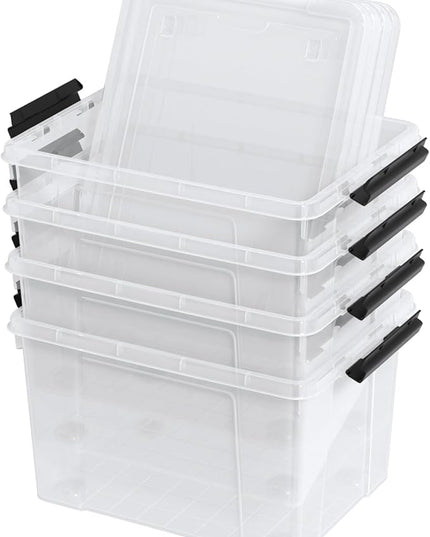 Set of 4 34 L Stackable Plastic Storage Bins with Latching Lids and Wheels, Clear Home Organization Container Box, See-Through