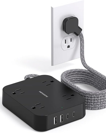 Black Flat Plug Extension Cord, HANYCONY 10ft Power Strip with 4 USB Ports(2 USB C), 4 Widely Outlets Extender, Wall Mount, Desk Charging Station for Office, Travel and Dorm Room Essentials