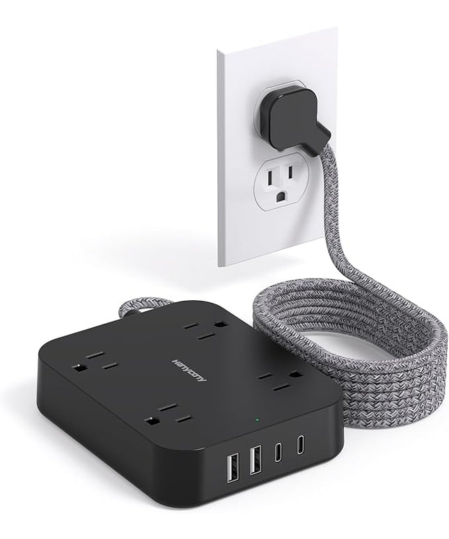 Black Flat Plug Extension Cord, HANYCONY 10ft Power Strip with 4 USB Ports(2 USB C), 4 Widely Outlets Extender, Wall Mount, Desk Charging Station for Office, Travel and Dorm Room Essentials