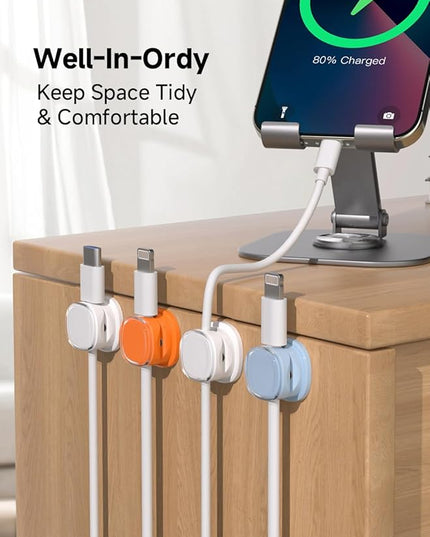 Magnetic Cable Clips, Adjustable Cord Holder Management, Adhesive Wire Keeper Organizer for Home Office Desk Phone PC Car Wall Desktop Nightstand Appliance (9-PCS White_Orange_Blue)
