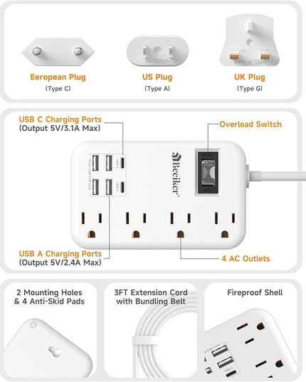 European Travel Plug Adapter, US to Europe Travel Power Strip with 6 USB(2 USB C) 4 Outlets, International Universal Travel Power Adapter with 3ft Extension Cord for EU UK France Italy Germany Cruise