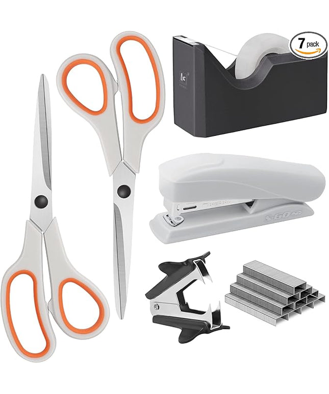 Asdirne Office Supplies Kit, Desk Accessory Set, Including 2 Scissors, 1 Stapler,1000 Pieces 26/6 Staples, 1 Staple Remover, 1 Tape Dispenser and 1 Tape, Perfect Office Partners