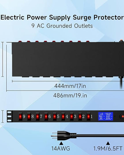 9 Outlet Rack Mount Power Strip with Individual Switches, PDU Surge Protector 15A 125V 1875W, 1U Server Rack Power Distribution Unit with Overload Protection and Power Monitoring, 6.5FT Cord