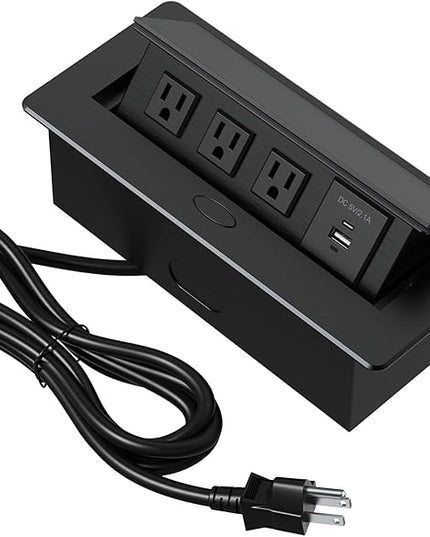 KYHSHJ Connection Box Desktop Pop Up Outlet with 3 * 15A Receptacle，2.1A 1 USB-A Ports &1 USB-C Port，Corrosive Resistant Hardware,Black