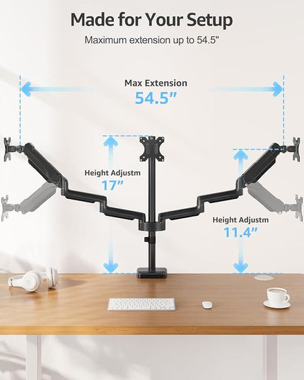 MOUNTUP Triple Monitor Stand Mount - 3 Monitors Desk Mount for Computer Screens Up to 27 inch, Triple Monitor Arm, Heavy Duty Monitors Stand, Each Arm Holds 4.4-19.8 lbs, Black