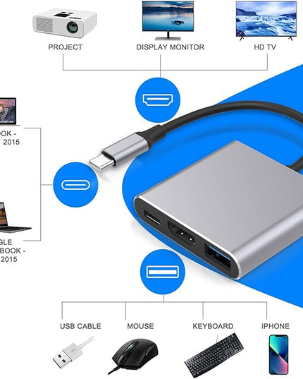 Battony Multiport AV Adapter with 4K HDTV Output USB 3.0 Port & USB-C Fasting Charging Port Compatible for MacBook Pro M1/16-20 Air M1/18-20 Ipad pro iMac and Other usbc Devices