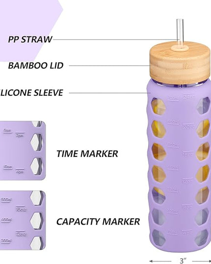 MUKOKO Glass Water Bottles, 24oz Glass Tumbler with Straw, Drinking Bottles with 2 Lids-Handle Spout Lid&Bamboo Straw Lid, Motivational Water Bottle with Time Marker and Silicone Sleeve, 1 Pack-Purple