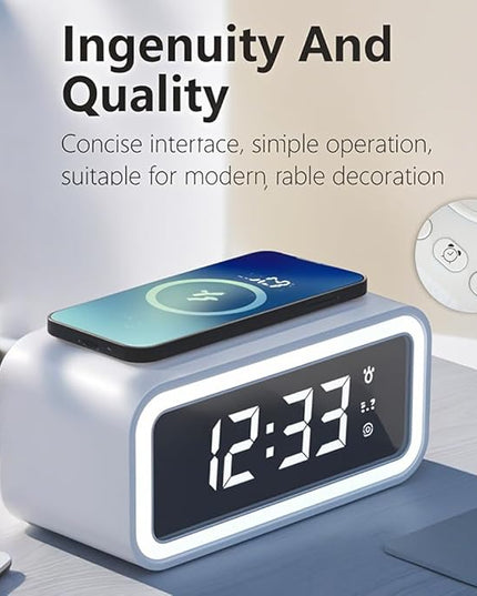 AYI 4in1 Smart Wireless Charging Alarm Clock with Mirror Display | 15W Fast Charger for Phone & Earbuds, 3 Group Alarms, Warm White/Yellow Night Light, Temperature Display Extra USB Port-White