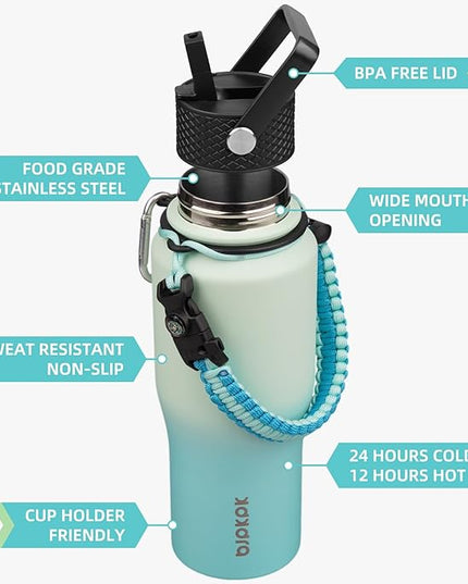 BJPKPK Insulated Water Bottles with Straw Lid, 23oz Metal Water Bottle with 2 lids & Paracord Strap, Double Wall Stainless Steel Vacuum Tumblers, Cups, Mugs, Thermo for Hot& Cold Drinks, Mint