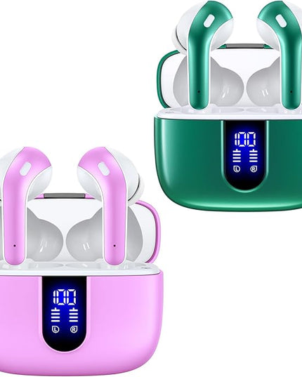 TAGRY 2 Sets X08 Forest Green and Sunset Pink Bluetooth Headphones True Wireless Earbuds 60H Playback Ear Buds with Wireless Charging Case in-Ear Earbuds with Mic