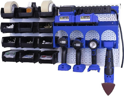 OmniWall PowerStation- 32"x16" Metal Pegboard Wall Storage With Bin Storage For Cordless Drills White/Blue