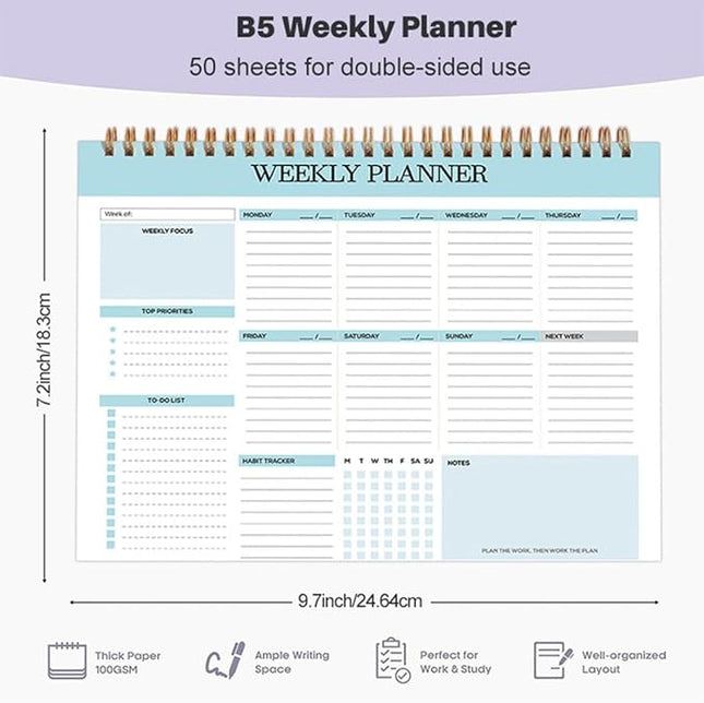 Weekly Planner, 52 Pages Undated Daily List Schedule Notebook Time Management Memo Pad for Office, Home Planning & School Scheduling (Pattern-E)