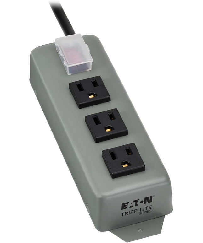 Eaton Tripp Lite Series 3-Outlet Heavy Duty Power Strip, Metal, Mountable (Wall Mount & Under Desk), 9ft Extension Cord, On/Off Switch Cover, Industrial Garage Shop Work Bench Applications (3SP9)