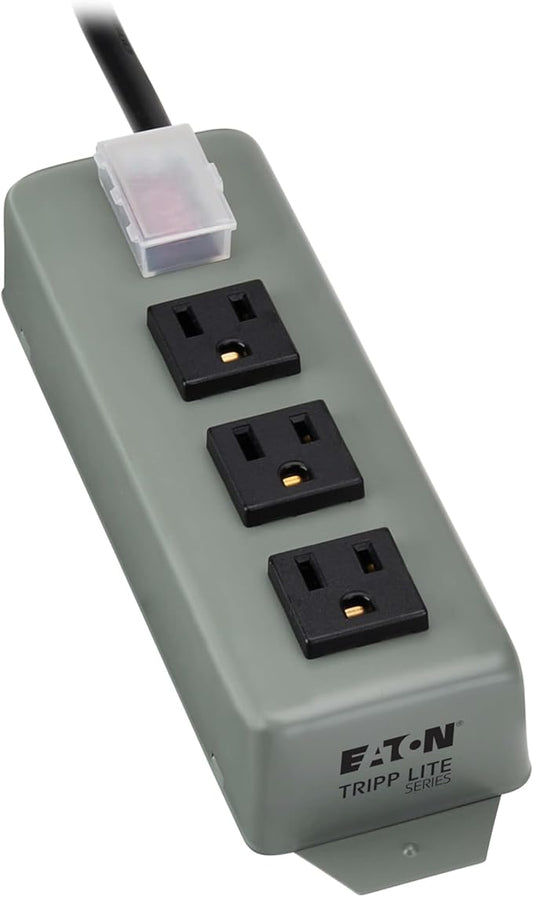 Eaton Tripp Lite Series 3-Outlet Heavy Duty Power Strip, Metal, Mountable (Wall Mount & Under Desk), 9ft Extension Cord, On/Off Switch Cover, Industrial Garage Shop Work Bench Applications (3SP9)