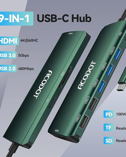 Acodot 9 in 1 USB C Hub - 4K@60Hz HDMI Adapter, 3 USB 3.0 Ports, SD/TF Card Reader, 100W PD, Multiport Adapter for MacBook Pro, Air, HP, XPS, Green