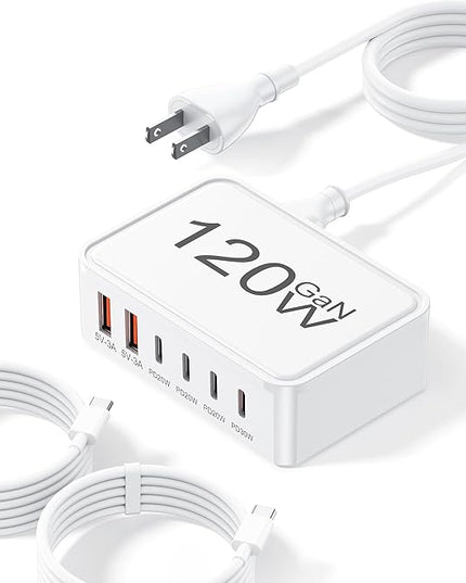 USB C Charger Block, 120W 6 Port USB Charging Station for Multiple Devices, Multi Type C Fast Charging Hub for iPhone 17 16 15 14 Pro Max ipad Samsung Galaxy, Perfect for Travel Home Office, White
