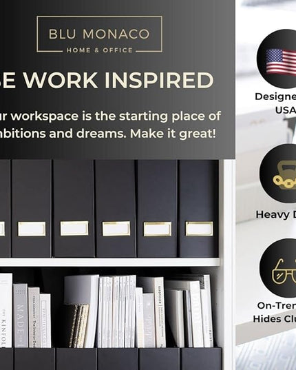 BLU MONACO Declutter in Style - Set of 6 Black Foldable Magazine File Holders with Gold Label Holders - Cardboard Magazine Storage Box & Desk Organizer for Workspace and Shelves