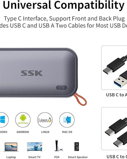 SSK Portable SSD 2TB External Solid State Drives, up to 1050MB/s USB C SSD External Hard Drive USB 3.2 Gen2 for iPhone 15/Pro, Windows, Mac, Android Phones and Tablets